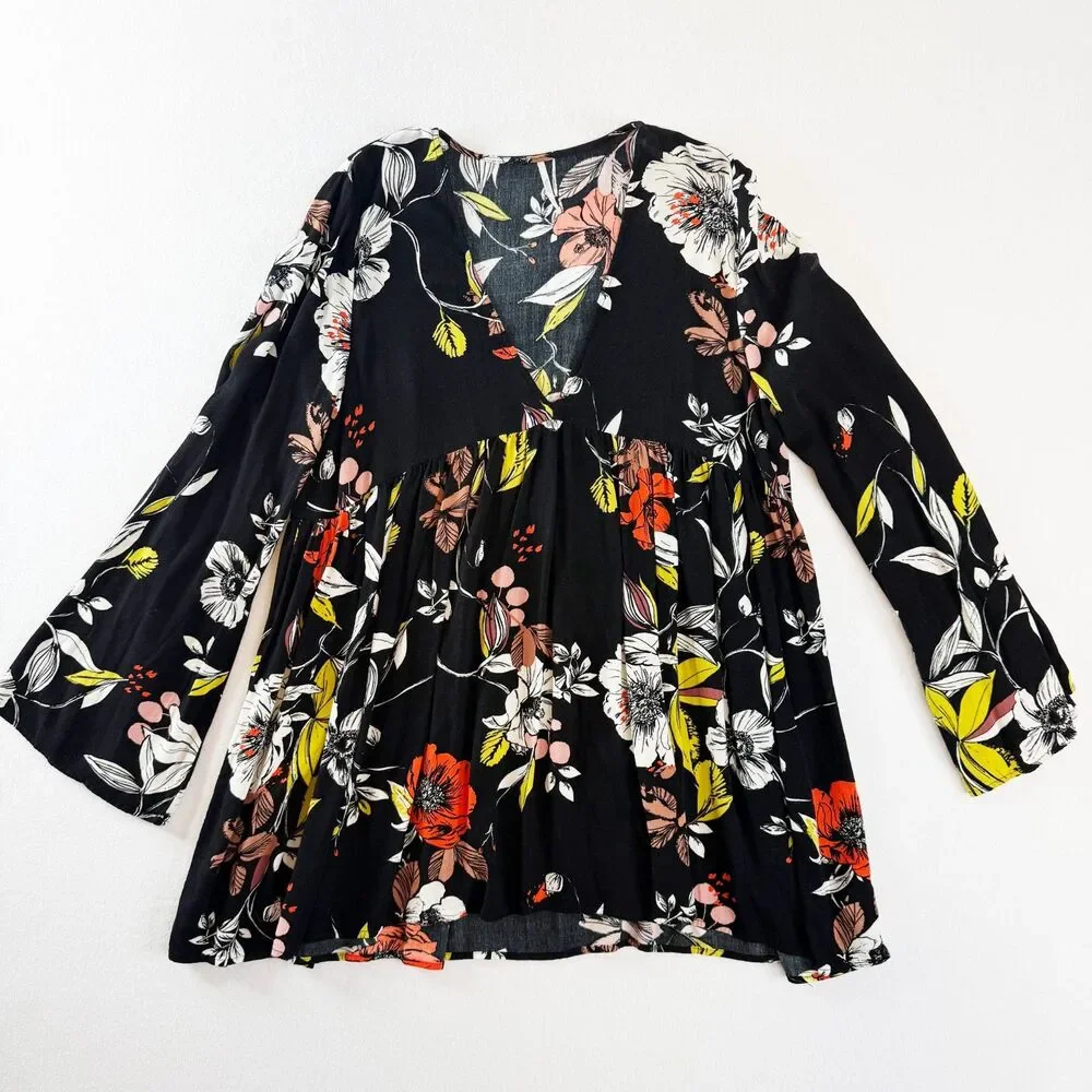 Free People | Babydoll Floral Long Sleeve Dress Tunic Top | Sz M - Picture 7 of 8